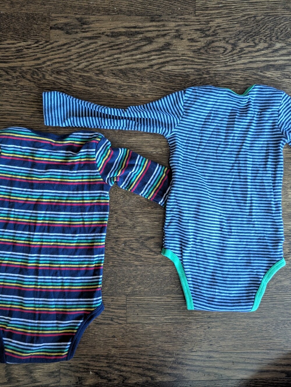 2 Primary long sleeved striped onesies, red and blue, 18-24 Months. organic